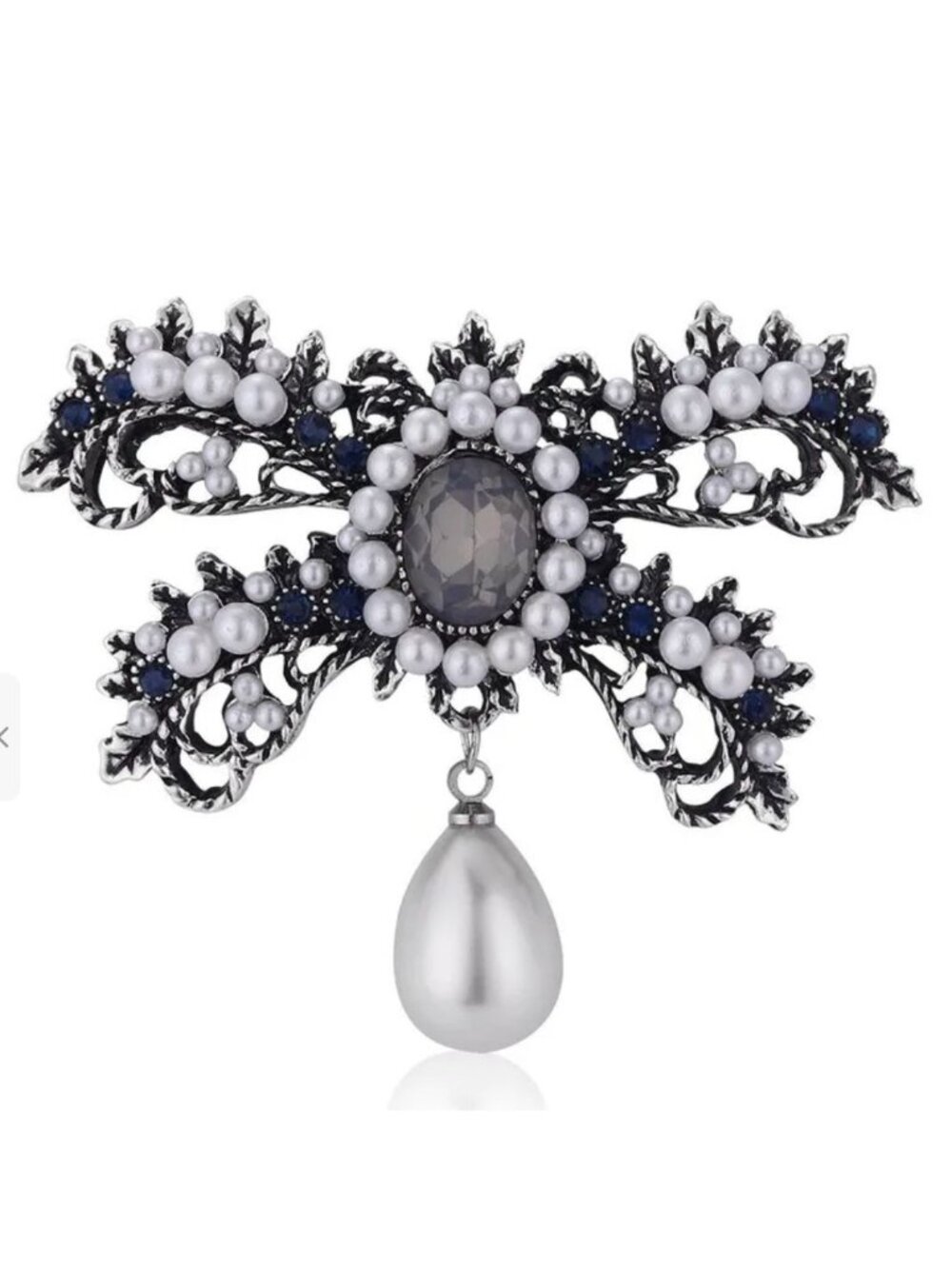 Bow Brooch Teal Crystals & Imitation Pearls